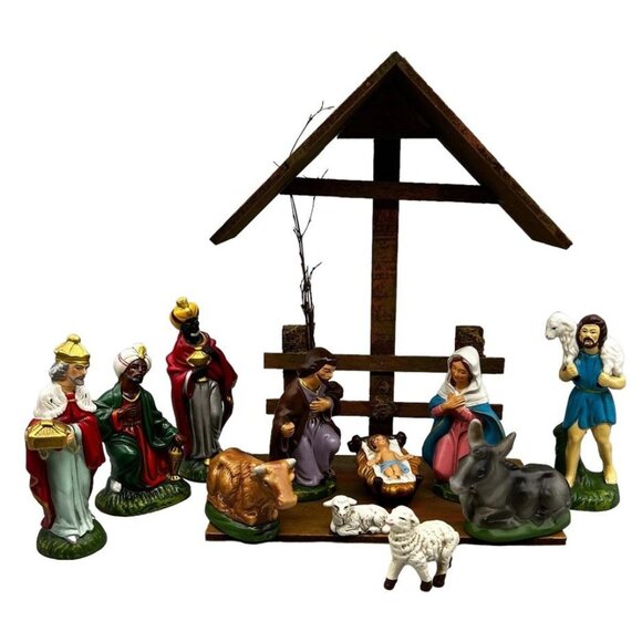 Vintage Dickson Hand-Painted Nativity Scene Set Complete w Stable Japan 12 Pc - Picture 1 of 16